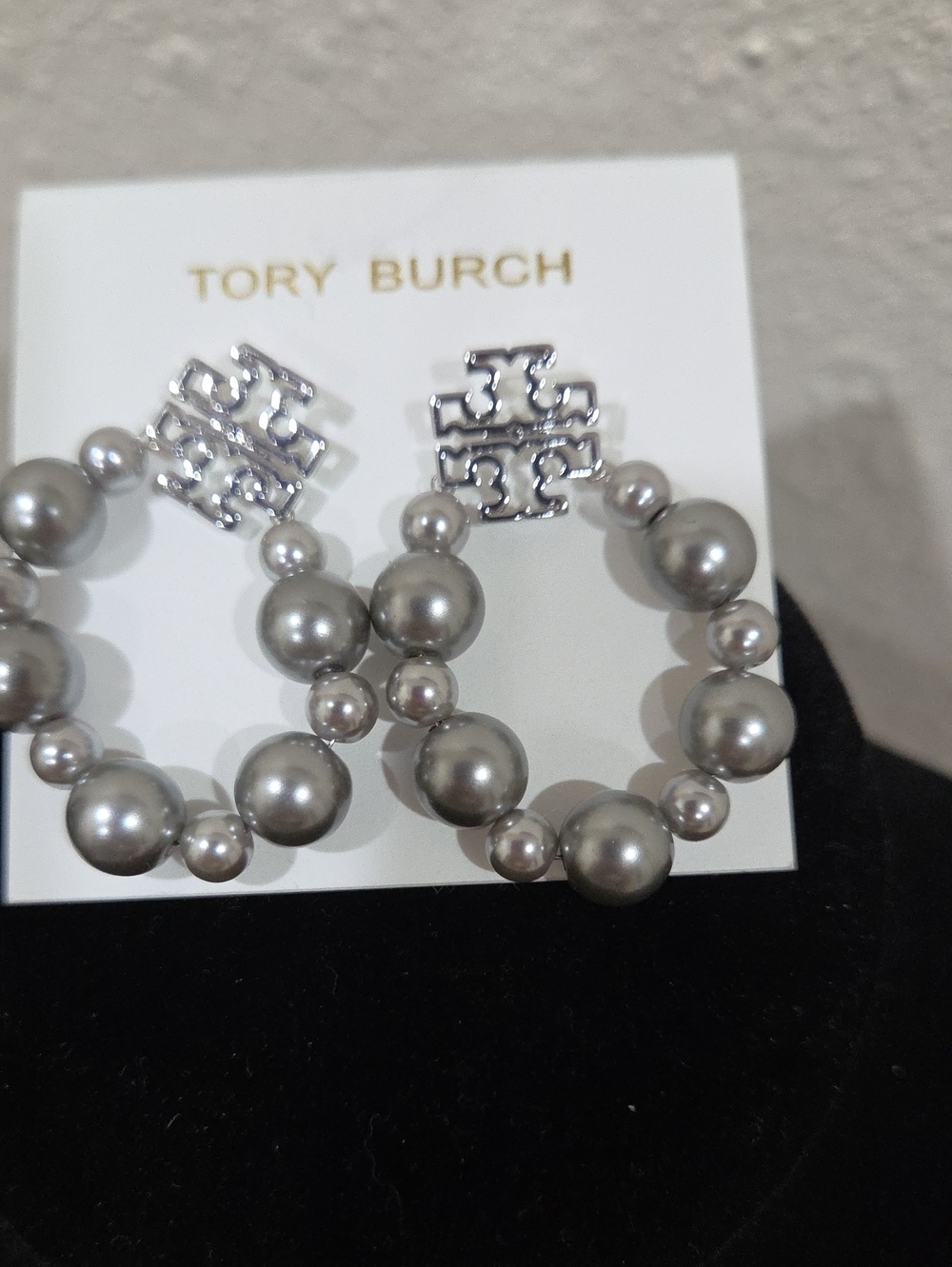 Tory Burch Silver Logo Hoop Earrings with Gray Pearls
